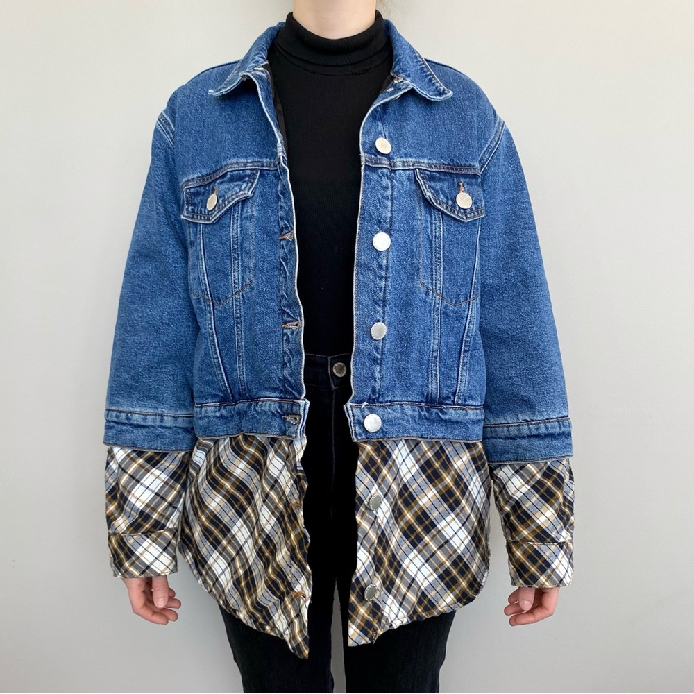 Maje Bergamo checked cotton panelled denim jacket. 💙
